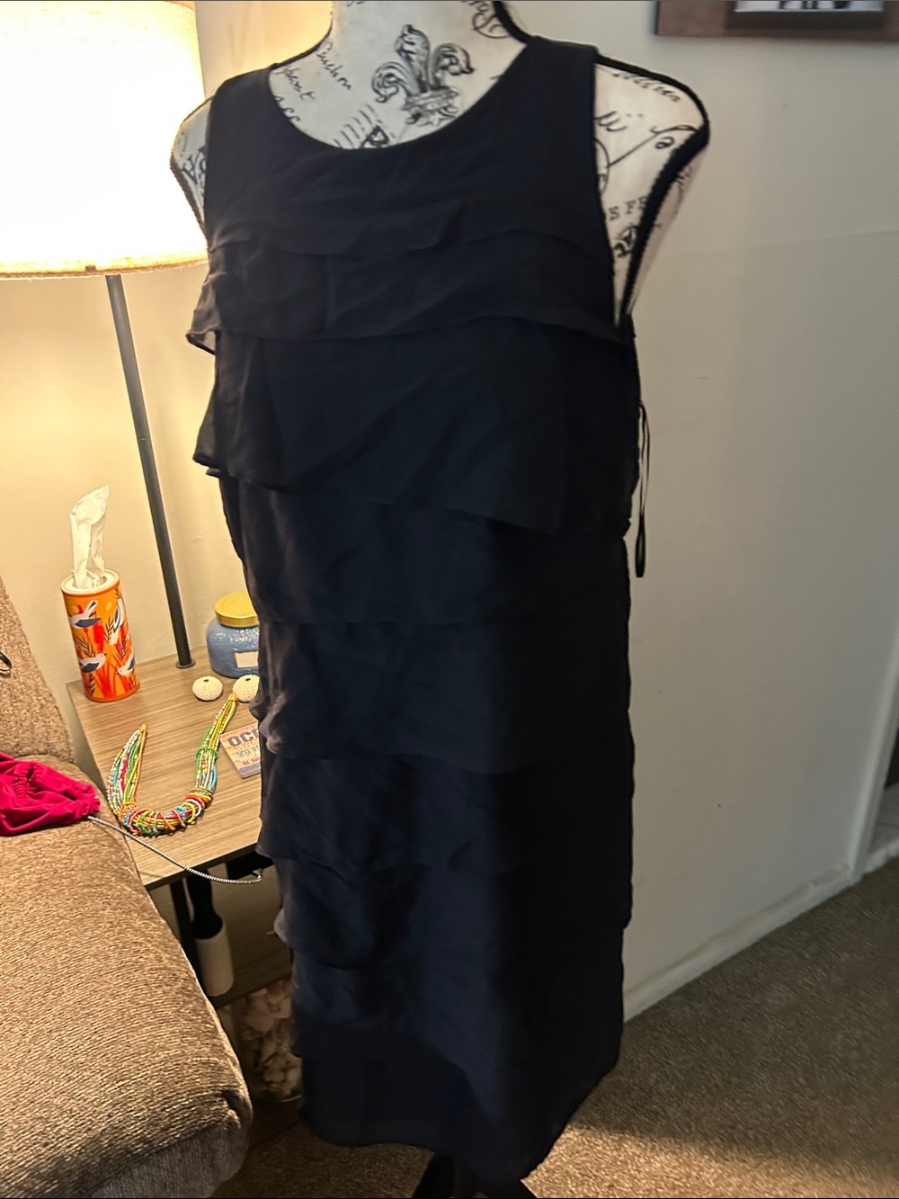 Kenar Black Silk Tiered Sleeveless Midi Dress